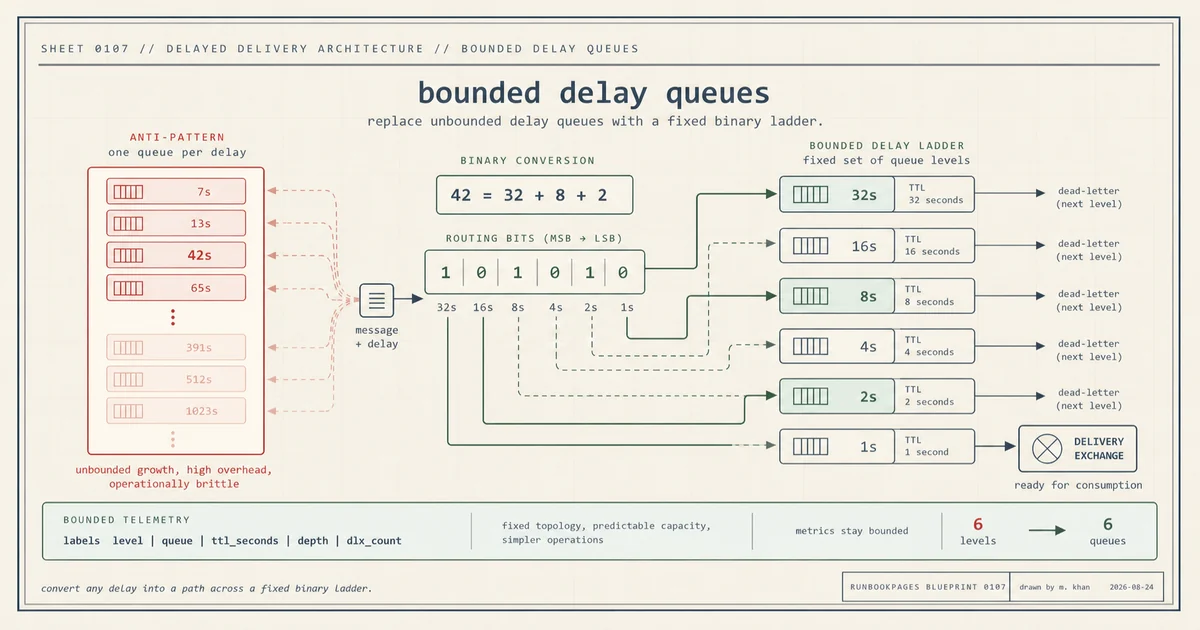 Technical blueprint showing 42 seconds decomposed into 32, 8, and 2 second delay queues in a bounded binary ladder.